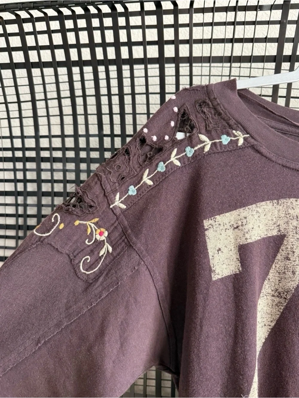 NWT Free People “we the free” Embroidered Brown Lilith Distressed '72' tee